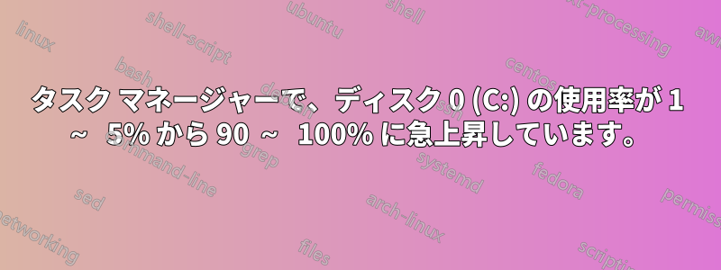 タスク マネージャーで、ディスク 0 (C:) の使用率が 1 ～ 5% から 90 ～ 100% に急上昇しています。