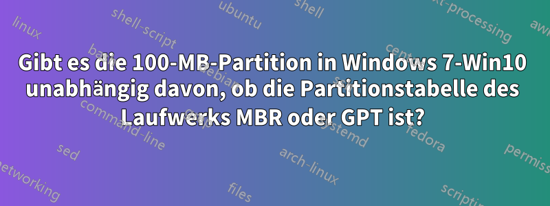 Gibt es die 100-MB-Partition in Windows 7-Win10 unabhängig davon, ob die Partitionstabelle des Laufwerks MBR oder GPT ist?