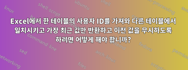 Excel에서 한 테이블의 사용자 ID를 가져와 다른 테이블에서 일치시키고 가장 최근 값만 반환하고 이전 값을 무시하도록 하려면 어떻게 해야 합니까?