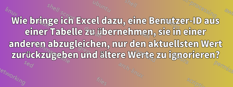 Wie bringe ich Excel dazu, eine Benutzer-ID aus einer Tabelle zu übernehmen, sie in einer anderen abzugleichen, nur den aktuellsten Wert zurückzugeben und ältere Werte zu ignorieren?