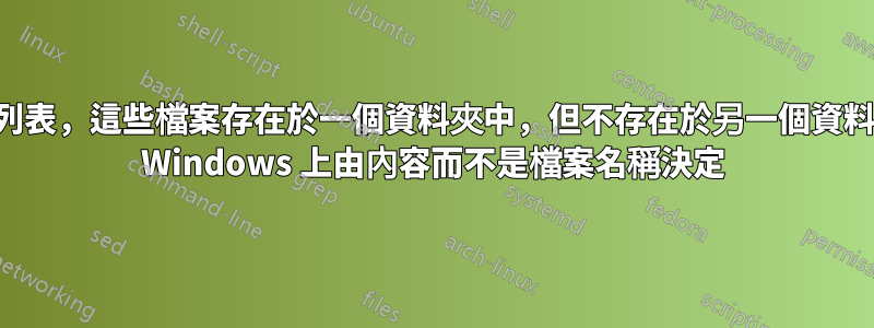 取得檔案列表,這些檔案存在於一個資料夾中,但不存在於另一個資料夾中,在 Windows 上由內容而不是檔案名稱決定