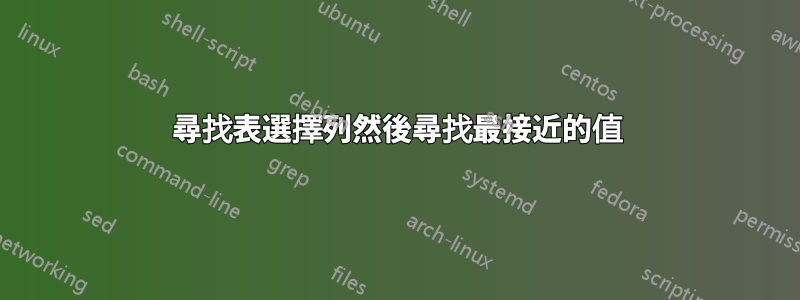 尋找表選擇列然後尋找最接近的值