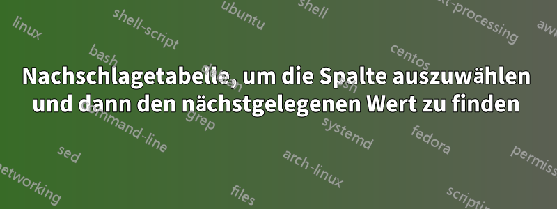 Nachschlagetabelle, um die Spalte auszuwählen und dann den nächstgelegenen Wert zu finden