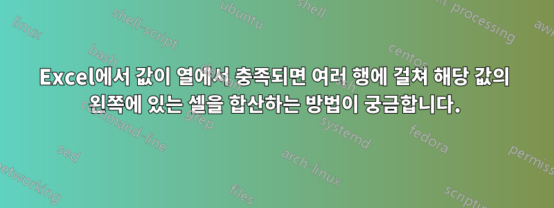 Excel에서 값이 열에서 충족되면 여러 행에 걸쳐 해당 값의 왼쪽에 있는 셀을 합산하는 방법이 궁금합니다.