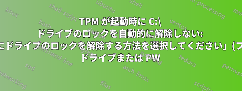 TPM が起動時に C:\ ドライブのロックを自動的に解除しない: 「起動時にドライブのロックを解除する方法を選択してください」(フラッシュ ドライブまたは PW)