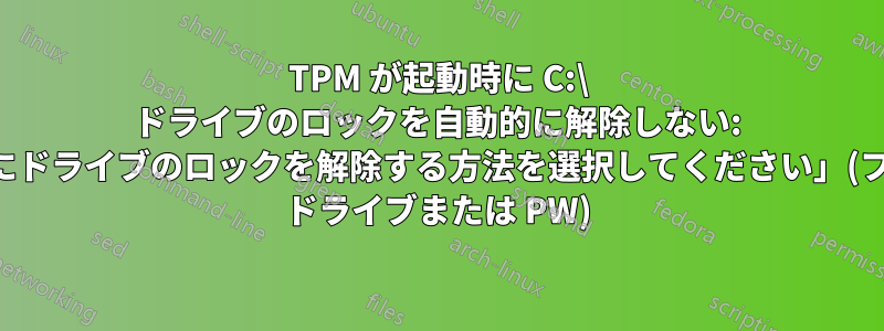 TPM が起動時に C:\ ドライブのロックを自動的に解除しない: 「起動時にドライブのロックを解除する方法を選択してください」(フラッシュ ドライブまたは PW)