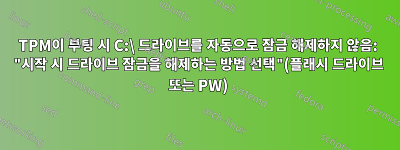 TPM이 부팅 시 C:\ 드라이브를 자동으로 잠금 해제하지 않음: "시작 시 드라이브 잠금을 해제하는 방법 선택"(플래시 드라이브 또는 PW)