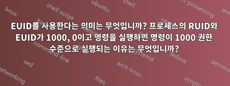 EUID를 사용한다는 의미는 무엇입니까? 프로세스의 RUID와 EUID가 1000, 0이고 명령을 실행하면 명령이 1000 권한 수준으로 실행되는 이유는 무엇입니까?