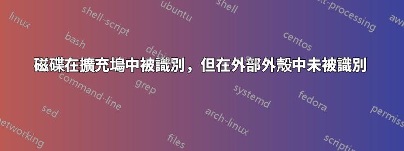 磁碟在擴充塢中被識別，但在外部外殼中未被識別