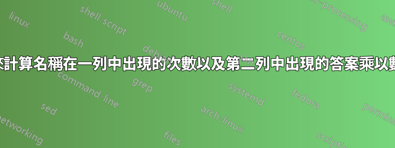 建立公式來計算名稱在一列中出現的次數以及第二列中出現的答案乘以數字的次數