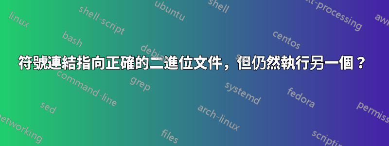 符號連結指向正確的二進位文件，但仍然執行另一個？