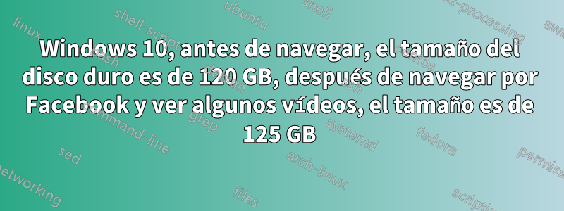 Windows 10, antes de navegar, el tamaño del disco duro es de 120 GB, después de navegar por Facebook y ver algunos vídeos, el tamaño es de 125 GB