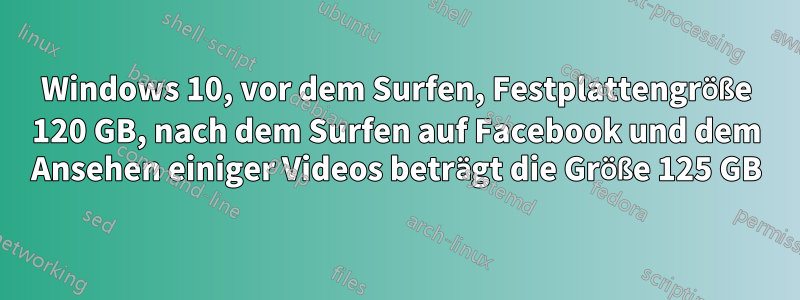 Windows 10, vor dem Surfen, Festplattengröße 120 GB, nach dem Surfen auf Facebook und dem Ansehen einiger Videos beträgt die Größe 125 GB