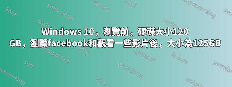 Windows 10，瀏覽前，硬碟大小120 GB，瀏覽facebook和觀看一些影片後，大小為125GB