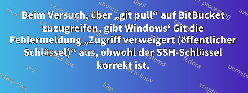 Beim Versuch, über „git pull“ auf BitBucket zuzugreifen, gibt Windows‘ Git die Fehlermeldung „Zugriff verweigert (öffentlicher Schlüssel)“ aus, obwohl der SSH-Schlüssel korrekt ist.