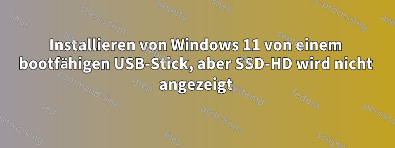 Installieren von Windows 11 von einem bootfähigen USB-Stick, aber SSD-HD wird nicht angezeigt