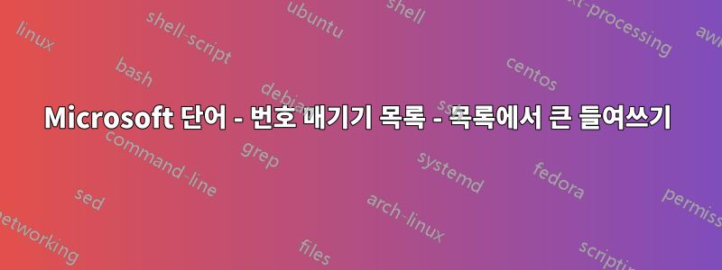 Microsoft 단어 - 번호 매기기 목록 - 목록에서 큰 들여쓰기