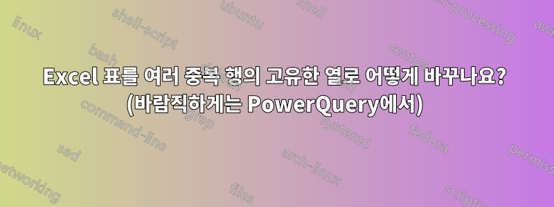Excel 표를 여러 중복 행의 고유한 열로 어떻게 바꾸나요? (바람직하게는 PowerQuery에서)