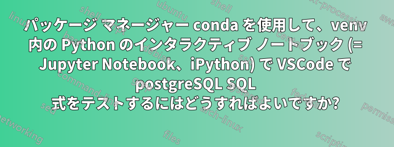 パッケージ マネージャー conda を使用して、venv 内の Python のインタラクティブ ノートブック (= Jupyter Notebook、iPython) で VSCode で postgreSQL SQL 式をテストするにはどうすればよいですか?