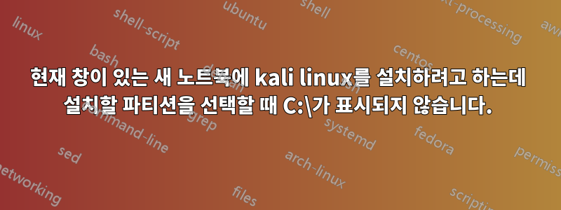 현재 창이 있는 새 노트북에 kali linux를 설치하려고 하는데 설치할 파티션을 선택할 때 C:\가 표시되지 않습니다.