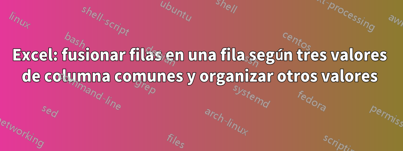 Excel: fusionar filas en una fila según tres valores de columna comunes y organizar otros valores