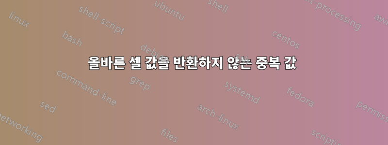 올바른 셀 값을 반환하지 않는 중복 값