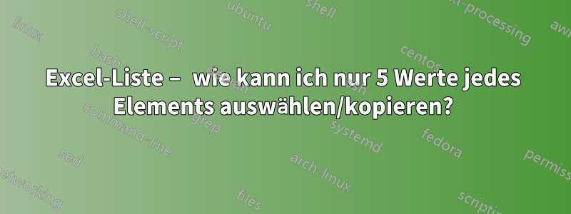 Excel-Liste – wie kann ich nur 5 Werte jedes Elements auswählen/kopieren?