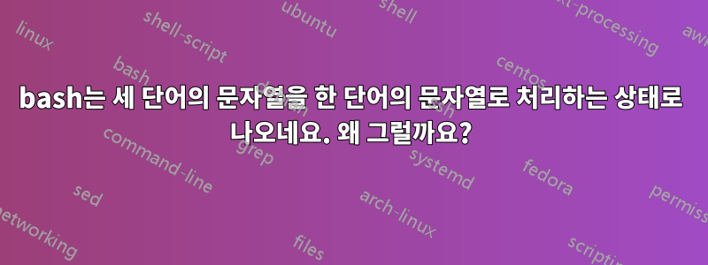 bash는 세 단어의 문자열을 한 단어의 문자열로 처리하는 상태로 나오네요. 왜 그럴까요?