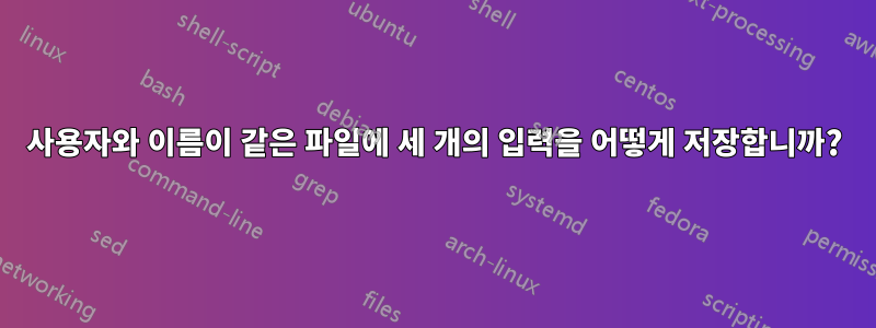 사용자와 이름이 같은 파일에 세 개의 입력을 어떻게 저장합니까?