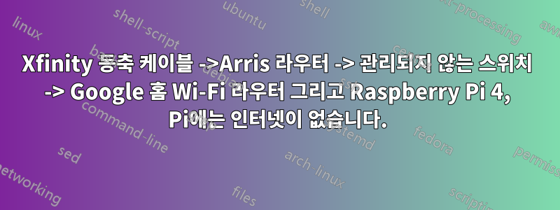 Xfinity 동축 케이블 ->Arris 라우터 -> 관리되지 않는 스위치 -> Google 홈 Wi-Fi 라우터 그리고 Raspberry Pi 4, Pi에는 인터넷이 없습니다.