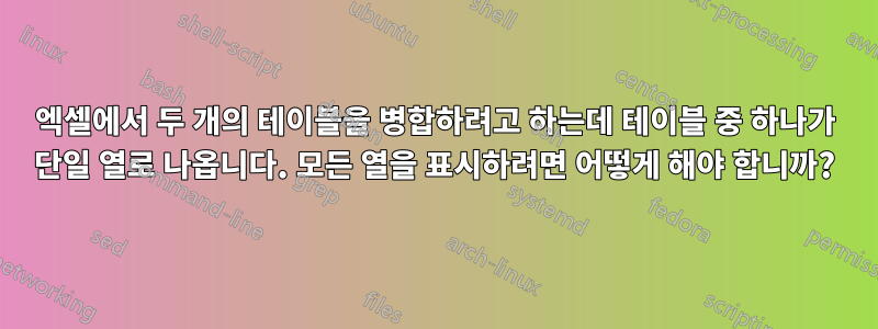 엑셀에서 두 개의 테이블을 병합하려고 하는데 테이블 중 하나가 단일 열로 나옵니다. 모든 열을 표시하려면 어떻게 해야 합니까?