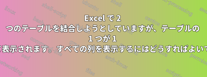 Excel で 2 つのテーブルを結合しようとしていますが、テーブルの 1 つが 1 つの列として表示されます。すべての列を表示するにはどうすればよいでしょうか。