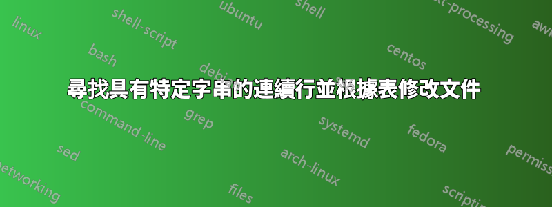 尋找具有特定字串的連續行並根據表修改文件