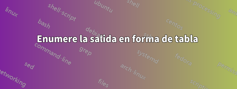 Enumere la salida en forma de tabla