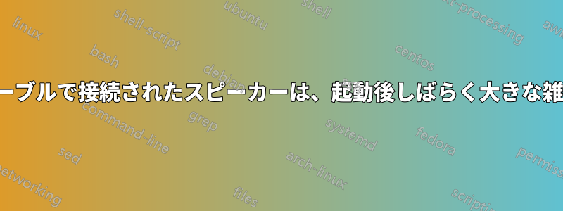 3.5mmの補助ケーブルで接続されたスピーカーは、起動後しばらく大きな雑音を発します。