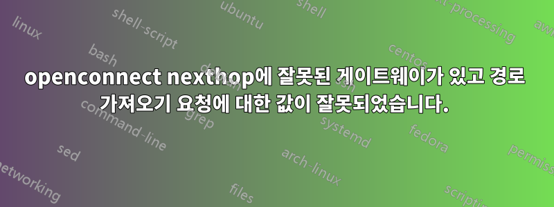openconnect nexthop에 잘못된 게이트웨이가 있고 경로 가져오기 요청에 대한 값이 잘못되었습니다.