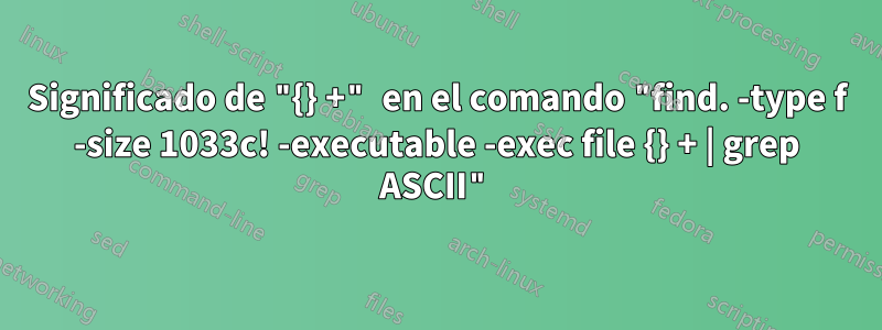 Significado de "{} +" en el comando "find. -type f -size 1033c! -executable -exec file {} + | grep ASCII"