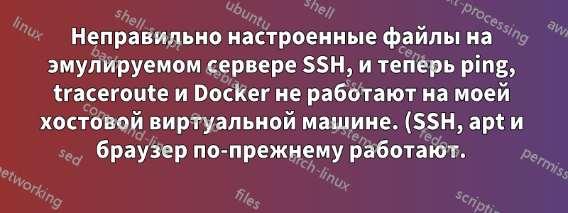 Неправильно настроенные файлы на эмулируемом сервере SSH, и теперь ping, traceroute и Docker не работают на моей хостовой виртуальной машине. (SSH, apt и браузер по-прежнему работают.)