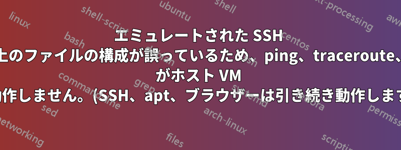 エミュレートされた SSH サーバー上のファイルの構成が誤っているため、ping、traceroute、Docker がホスト VM で動作しません。(SSH、apt、ブラウザーは引き続き動作します。)