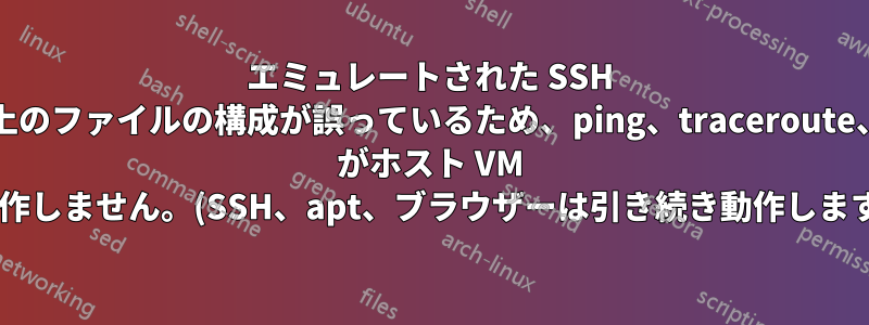 エミュレートされた SSH サーバー上のファイルの構成が誤っているため、ping、traceroute、Docker がホスト VM で動作しません。(SSH、apt、ブラウザーは引き続き動作します。)