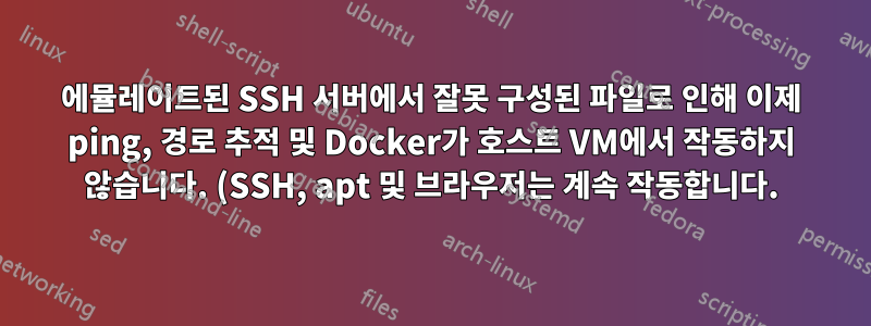 에뮬레이트된 SSH 서버에서 잘못 구성된 파일로 인해 이제 ping, 경로 추적 및 Docker가 호스트 VM에서 작동하지 않습니다. (SSH, apt 및 브라우저는 계속 작동합니다.)