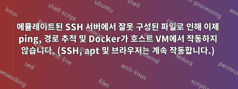 에뮬레이트된 SSH 서버에서 잘못 구성된 파일로 인해 이제 ping, 경로 추적 및 Docker가 호스트 VM에서 작동하지 않습니다. (SSH, apt 및 브라우저는 계속 작동합니다.)