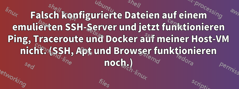 Falsch konfigurierte Dateien auf einem emulierten SSH-Server und jetzt funktionieren Ping, Traceroute und Docker auf meiner Host-VM nicht. (SSH, Apt und Browser funktionieren noch.)