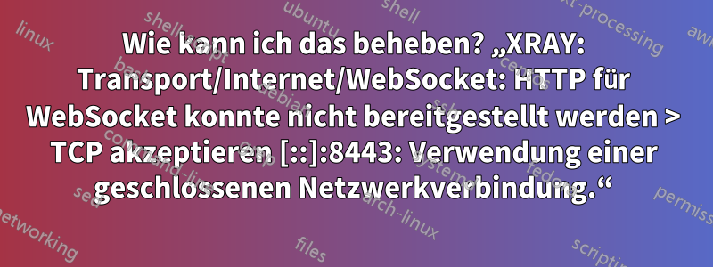 Wie kann ich das beheben? „XRAY: Transport/Internet/WebSocket: HTTP für WebSocket konnte nicht bereitgestellt werden > TCP akzeptieren [::]:8443: Verwendung einer geschlossenen Netzwerkverbindung.“