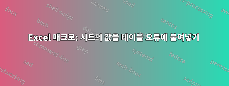 Excel 매크로: 시트의 값을 테이블 오류에 붙여넣기