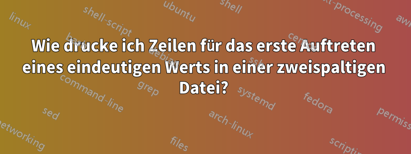 Wie drucke ich Zeilen für das erste Auftreten eines eindeutigen Werts in einer zweispaltigen Datei?