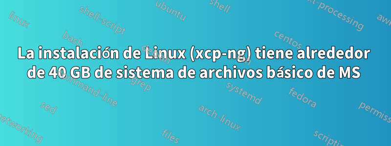 La instalación de Linux (xcp-ng) tiene alrededor de 40 GB de sistema de archivos básico de MS