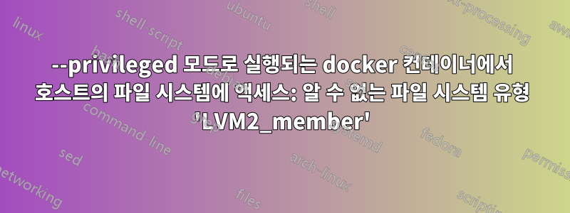 --privileged 모드로 실행되는 docker 컨테이너에서 호스트의 파일 시스템에 액세스: 알 수 없는 파일 시스템 유형 'LVM2_member'