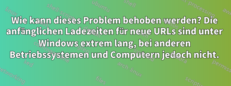 Wie kann dieses Problem behoben werden? Die anfänglichen Ladezeiten für neue URLs sind unter Windows extrem lang, bei anderen Betriebssystemen und Computern jedoch nicht.