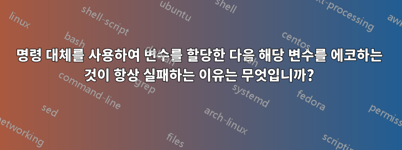 명령 대체를 사용하여 변수를 할당한 다음 해당 변수를 에코하는 것이 항상 실패하는 이유는 무엇입니까?